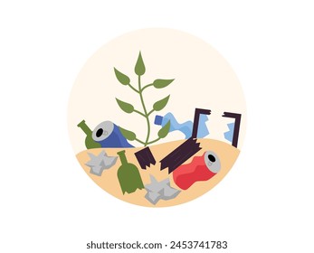 Soil pollution caused by carelessly thrown rubbish, vector illustration.