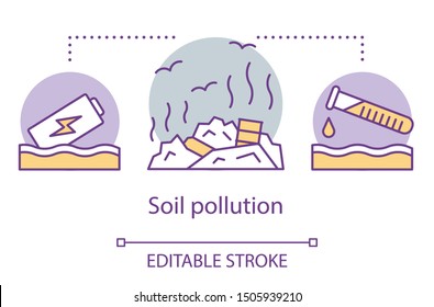 Soil Pollution Concept Icon. Land Degradation. Uncontrolled Landfill And Garbage Dumps. Waste Contamination. Eco Problem Idea Thin Line Illustration. Vector Isolated Outline Drawing. Editable Stroke