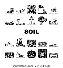 poluição do solo contaminação ícones definir vetor. degradação erosão pesticidas fertilizantes, químicos industrialização urbanização poluição do solo contaminação glifo pictograma Ilustrações