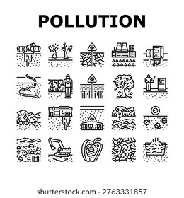 soil pollution erosion icons set vector. contamination degradation, pesticides fertilizers, chemicals, industrialization soil pollution erosion black contour illustrations