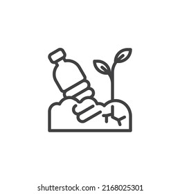 Soil Pollution Line Icon. Linear Style Sign For Mobile Concept And Web Design. Soil Plant And Plastic Bottle Outline Vector Icon. Symbol, Logo Illustration. Vector Graphics