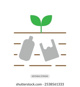 Contaminación del suelo, bolsa de plástico e icono de botella, medio ambiente, naturaleza, símbolo de ecología sobre fondo blanco - Ilustración vectorial