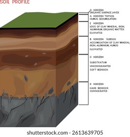 Soil profile. Scheme of a cross section of a soil, revealing horizons with titles