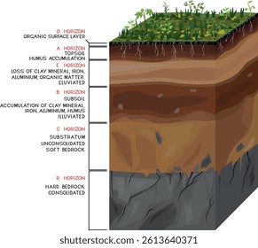 Soil profile. Scheme of a cross section of a soil, revealing horizons with titles