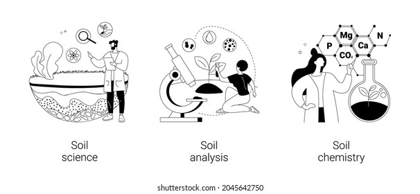 Soil properties abstract concept vector illustration set. Soil science, agricultural analysis and chemical laboratory service, land management, natural resource study and testing abstract metaphor.