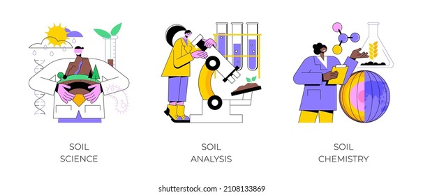 Soil properties abstract concept vector illustration set. Soil science, agricultural analysis and chemical laboratory service, land management, natural resource study and testing abstract metaphor.