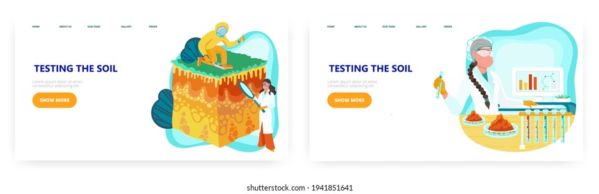 Diseño de la página de inicio de pruebas de calidad del suelo, conjunto de plantillas vectoriales de banner del sitio web.