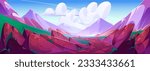 Soil road to mountain view landscape background. Nature outdoor illustration with cloud, boulder and hill beautiful environment panorama. Empty soil path to distant horizon at noon game travel concept