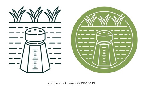 Soil salinity - the process of increasing the salt content caused by natural processes or irrigation. Badge in thin line