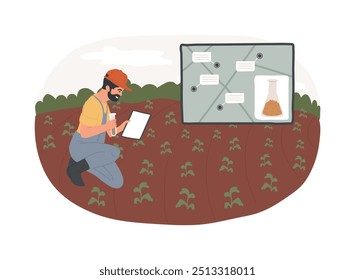 Amostragem de solo ilustrações isoladas de vetor cartoon. Agricultor com tablet lidando com amostragem de solo, agricultura inteligente, melhorar o rendimento agrícola, monitorar o valor nutriente vetor cartoon.