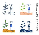 Soil scanning sensors icon set in flat and line style. Smart agriculture, soil conditions monitoring. Vector illustration