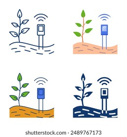 Soil scanning sensors icon set in flat and line style. Smart agriculture, soil conditions monitoring. Vector illustration