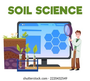 Soil science banner, tiny character with magnifier analyzes ground - flat vector illustration isolated on white. Scientist studies ground composition and growing plants in flasks.
