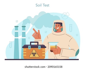 Concepto de ciencia del suelo. Estudio de recursos naturales, análisis de estructuras químicas, análisis de laboratorio de suelos. Científico midiendo un nivel de contaminación, cuidado de la ecología. Ilustración vectorial plana