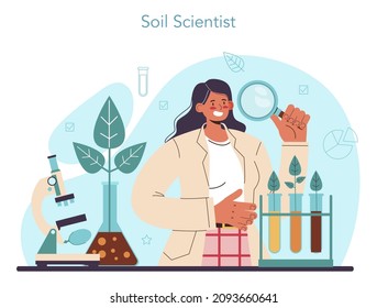 Soil science concept. Natural resource study, and chemical strucure analysis, soil laboratory test. Scientist measuring a pollution level, ecology care. Flat vector illustration