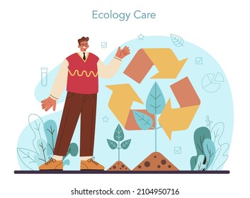 Soil science concept. Natural resource study, and chemical strucure analysis, soil laboratory test. Scientist measuring a pollution level, ecology care. Flat vector illustration