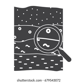 Soil science concept with soil profile and magnifying glass, vector silhouette