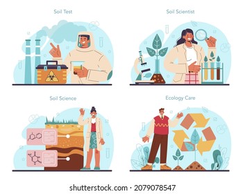 Soil science concept set. Natural resource study, and chemical strucure analysis, soil laboratory test. Scientist measuring a pollution level, ecology care. Flat vector illustration