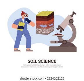 Soil science and lab researches banner template with female cartoon scientist character studying soil sample, flat vector illustration isolated on white background.