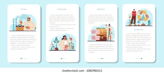Soil science mobile application banner set. Natural resource study, and chemical strucure analysis, soil laboratory test. Scientist measuring a pollution level, ecology care. Flat vector illustration