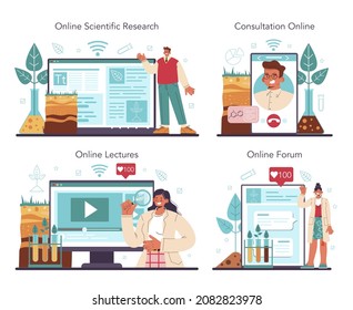 Servicio en línea de ciencia del suelo o conjunto de plataformas. Estudio de recursos naturales, análisis de estructuras químicas, análisis de laboratorio de suelos. Consulta en línea, foro, conferencia, investigación. Ilustración vectorial plana