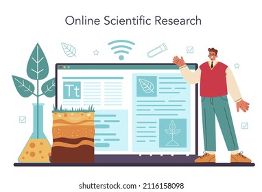 Online-Dienste oder Plattform für Bodenwissenschaften. Studie über natürliche Ressourcen, chemische Strukturanalyse, Bodenlabortest. Online-Forschung. Flache Vektorgrafik