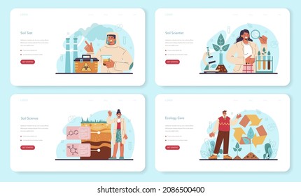 Soil science web banner or landing page set. Natural resource study, and chemical strucure analysis, soil laboratory test. Scientist measuring a pollution level, ecology care. Flat vector illustration