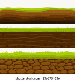 Soil Seamless layers. Landscapes of the earth. Layered dirt clay, ground layer with stones and grass on dirts, cliff texture, underground buried rock. The earth and green meadow. vector