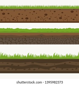 Soil Seamless layers. Landscapes of the earth. Layered dirt clay, ground layer with stones and grass on dirts, cliff texture, underground buried rock. The earth and green meadow. Realistic landscapes