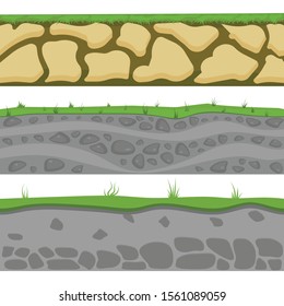 Soil seamless layers. Layer of soil with grass and stones. The texture of the cut soil. Vector graphics.