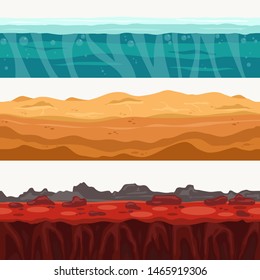 Soil Seamless layers surroundings with Rock stone. Water surface, volcanic lava, desert sand. Vector