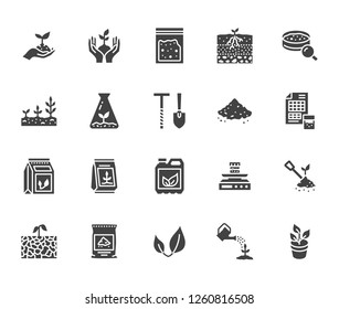 Soil testing flat glyph icons set. Agriculture, planting vector illustrations, hands holding ground with spring, plant fertilizer. Signs for agrology survey. Solid silhouette pixel perfect 64x64.