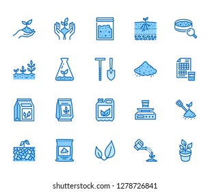 Soil testing flat line icons set. Agriculture, planting vector illustrations, hands holding ground with spring, plant fertilizer. Thin signs for agrology survey. Pixel perfect 64x64. Editable Strokes.