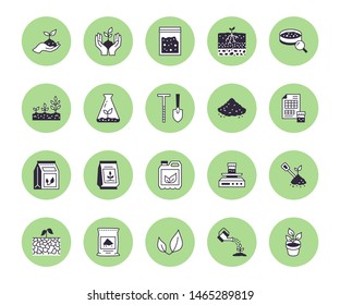 Soil testing flat line icons set. Agriculture, planting vector illustrations, hands holding ground with spring, plant fertilizer. Thin signs for agrology survey.