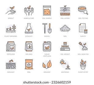 Soil testing flat line icons set. Agriculture, planting vector illustrations, hands holding ground with spring, drought, erosion. Thin signs for agrology survey. Orange Color. Editable Strokes