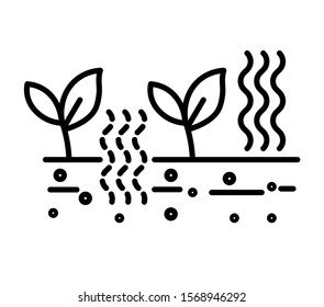 Soil testing isolated line icons, agriculture and planting vector. Ground with tree sprout, plant and earth fertilizer, agrology and agronomy. Fertilization and priming, gardening and cultivation