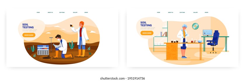 Soil testing landing page design, website banner vector template set. Agricultural soil analysis in the field and in lab