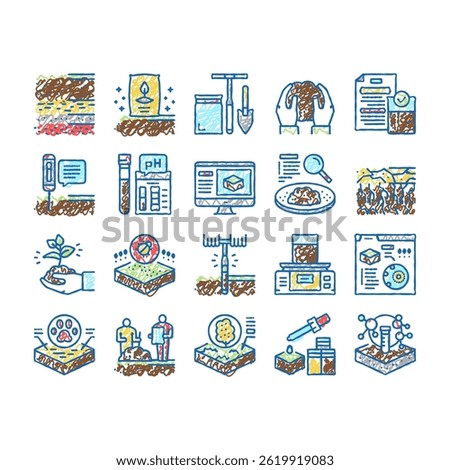 Soil Testing Nature Collection doodle icons set vector. Soil Testing Equipment Ph Device, Laboratory Analyzing Using Pesticides sketch hand drawn