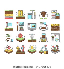 Soil Testing Nature Collection Icons Set Vector. Soil Testing Equipment And Ph Device, Laboratory Analyzing And Using Pesticides Concept Linear Pictograms. Contour Color Illustrations