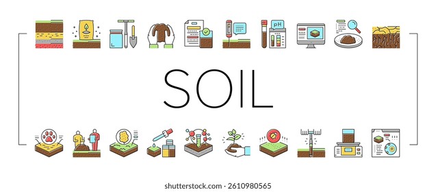 Soil Testing Nature Collection Icons Set Vector. Soil Testing Equipment And Ph Device, Laboratory Analyzing And Using Pesticides Concept Linear Pictograms. Contour Color Illustrations