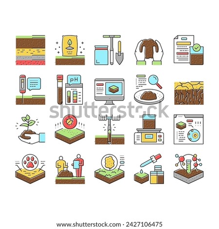 Soil Testing Nature Collection Icons Set Vector. Soil Testing Equipment And Ph Device, Laboratory Analyzing And Using Pesticides Concept Linear Pictograms. Contour Color Illustrations