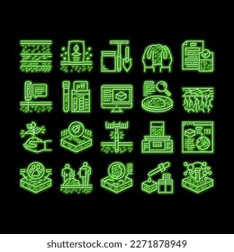 Prueba de suelo Naturaleza vector de señal de luz de neón. Equipo De Ensayo Del Suelo Y Dispositivo Ph, Análisis Laboratorio Y Uso De Ilustraciones De Plaguicidas