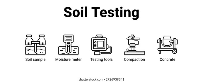Solo Testing web banner ícone vetor ilustração conceito , com ícone de amostra de solo, medidor de umidade, ferramentas de teste.