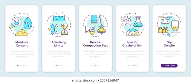 Soil tests onboarding mobile app screen. Geodetic survey walkthrough 5 steps editable graphic instructions with linear concepts. UI, UX, GUI template