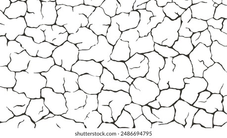 Soil texture black and white vector illustration. Cracked earth surface, dry ground. Barren desert earth structure, abstract background pattern.