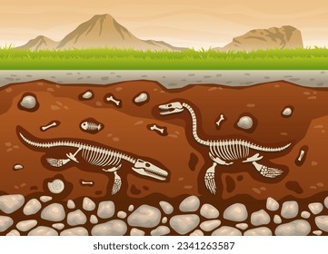 Soil Underground Layers With Dinosaur Fossil Paleontology Excavations Cartoon Vector