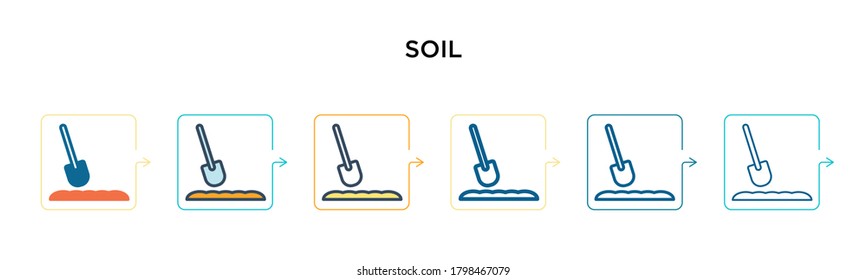 Soil vector icon in 6 different modern styles. Black, two colored soil icons designed in filled, outline, line and stroke style. Vector illustration can be used for web, mobile, ui