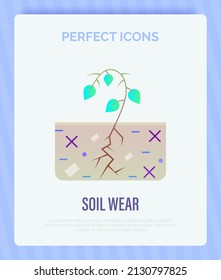 Soil wear gradient flat icon. Plant cannot grow in depleted soil. Soil erosion by industrial damage. Ecological problem. Overconsumption. Vector illustration.