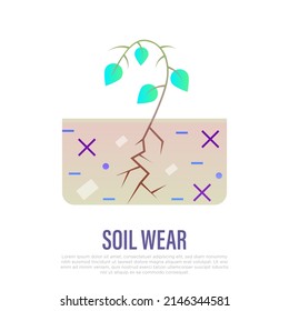 Soil wear gradient flat icon. Plant cannot grow in depleted soil. Soil erosion by industrial damage. Ecological problem. Overconsumption. Vector illustration.
