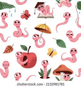 Soil worm characters seamless pattern. Funny earthworms with apple, mushroom and umbrella, garden creatures, farm insects, childish background. Decor textile, wrapping paper, vector print